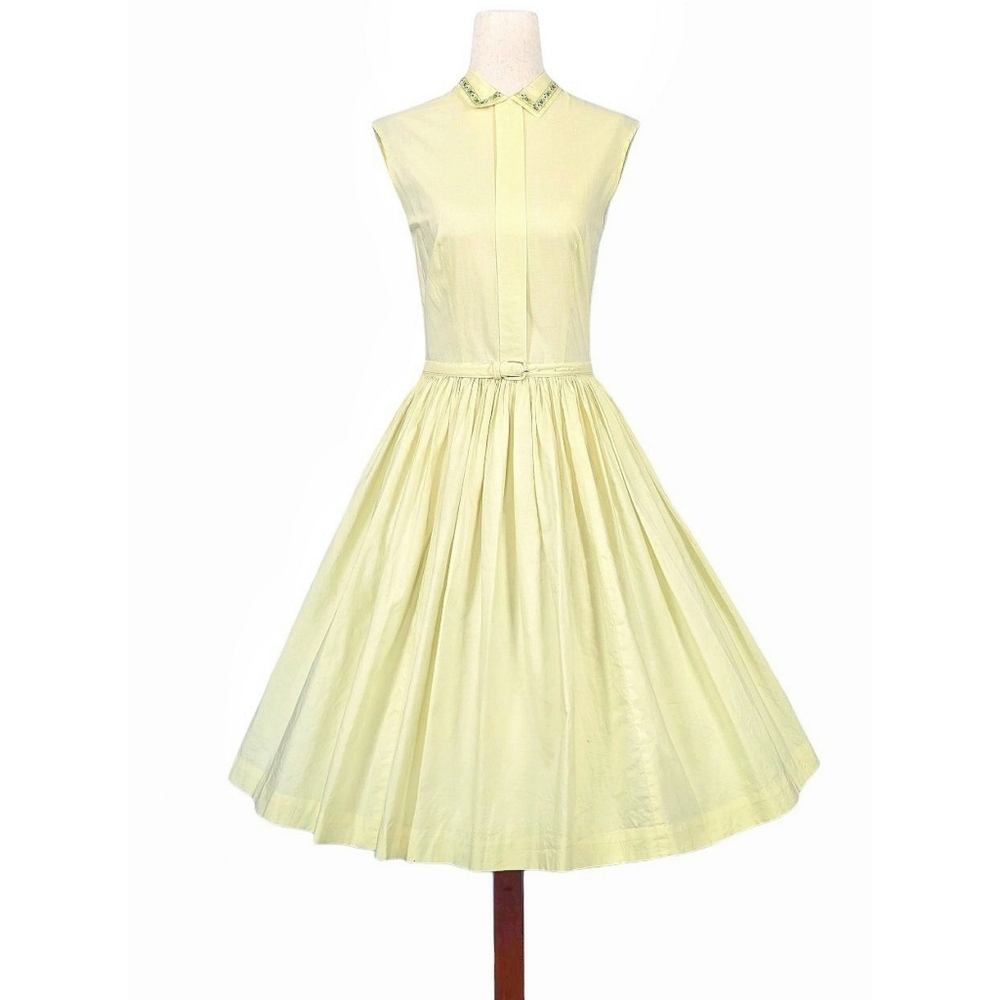 1950s Vintage Dress Belt Set 50s Summer Fit N Flare Cotton Yellow Embroidered XS
